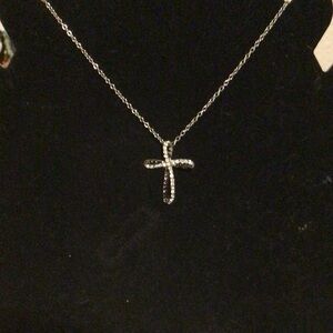 16” silver necklace with 2 tone cross pendant.